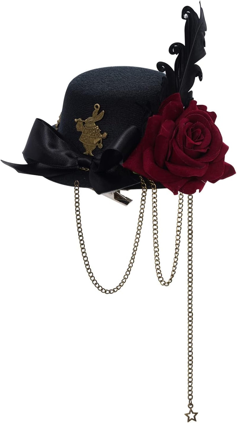 Heliltd Helitd Steampunk Mini Hat Hair Clip for Halloween Parties, Women and Men, with Rose Flower, Feather, and Chain - Image 1